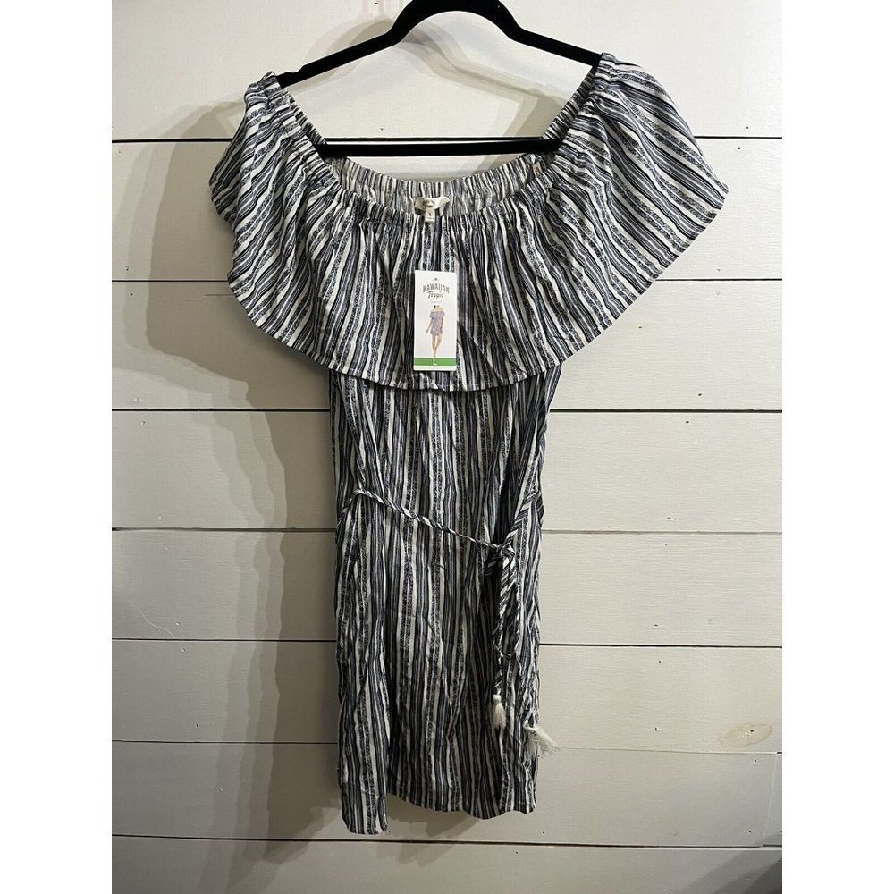 WOMENS HAWAIIAN TROPIC BLUE WHITE STRIPED OFF THE SHOULDER Large SUNDRESS‎ NWT
